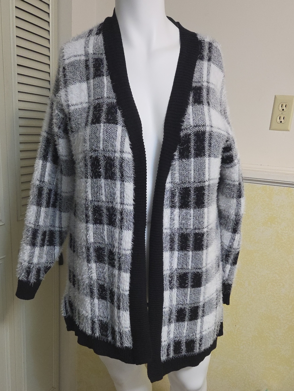 Lane Bryant Black and White Plaid Fuzzy Open-Front Cardigan
